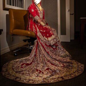 Stunning Red + Gold Desi Bridal Gown by New York Fashion Designer Rahul Arora
